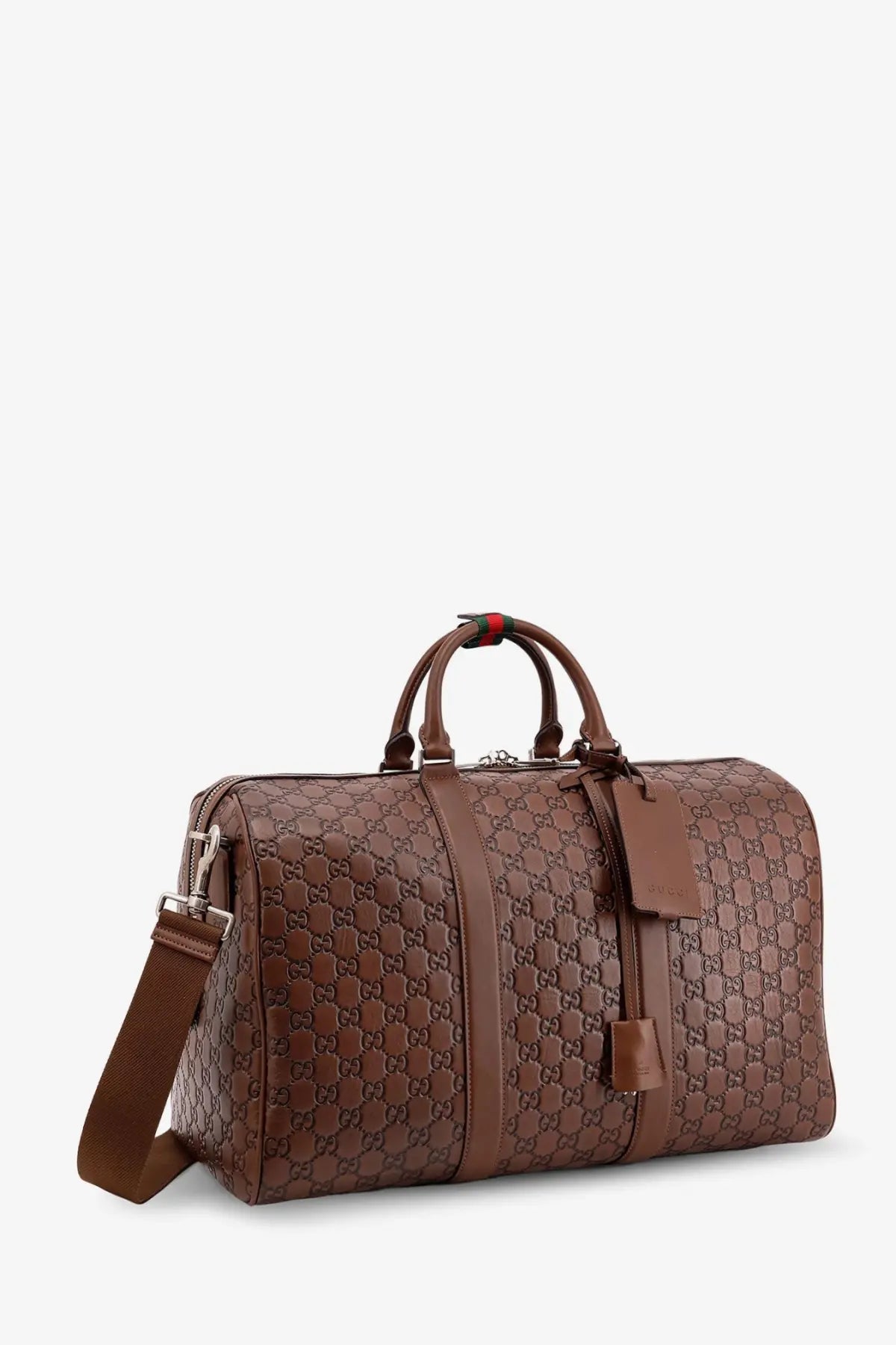 Brown Gucci GG Supreme leather duffel bag with top handles and detachable shoulder strap for men