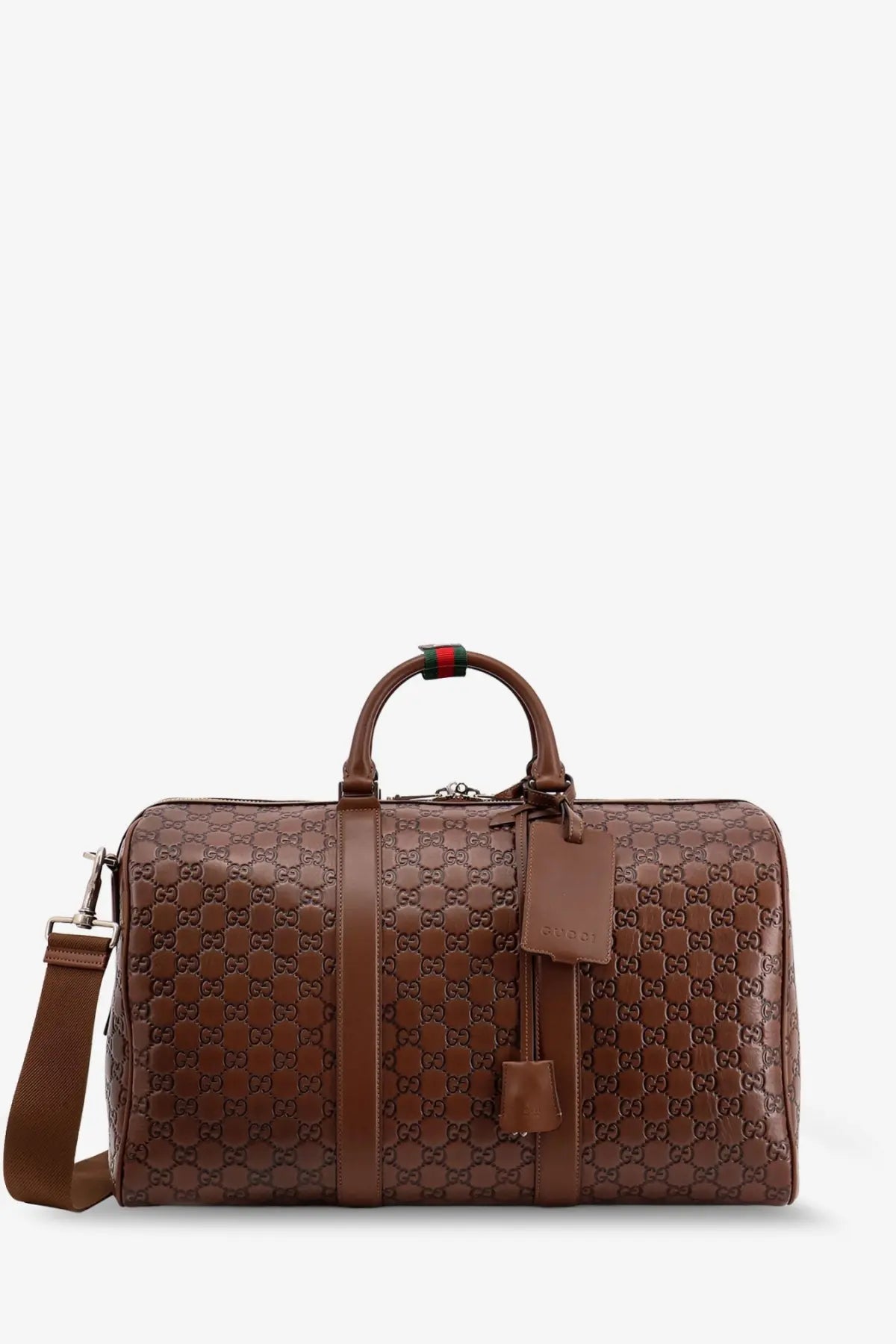 Gucci men’s black leather duffle bag with brown gg supreme pattern and red green striped handle accent