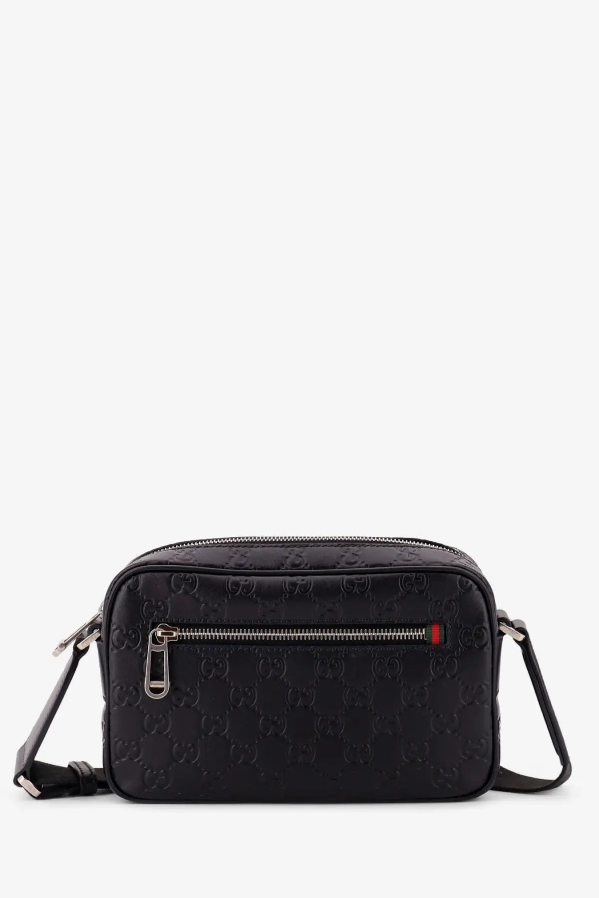 Black Gucci men’s GG emblem leather crossbody camera bag with embossed logo pattern and silver-toned hardware