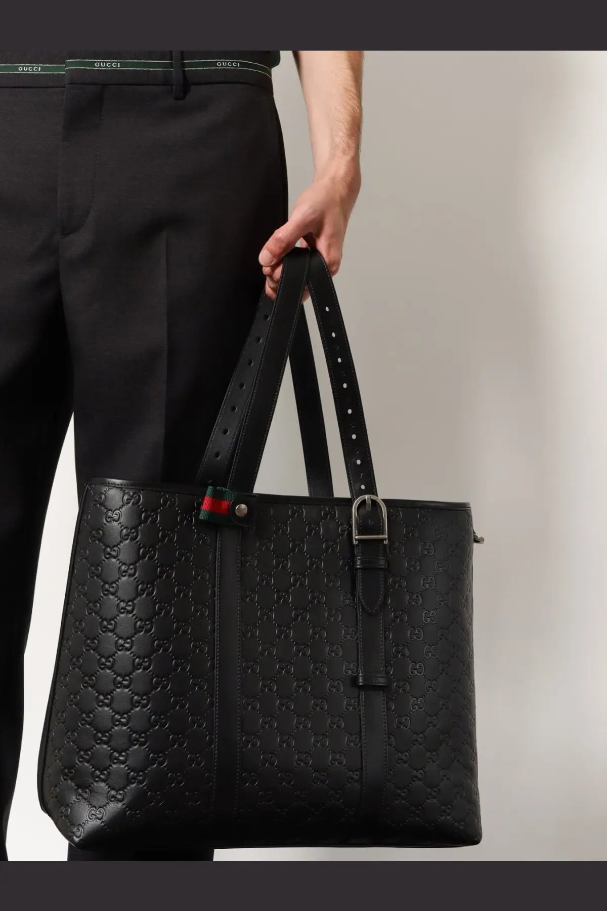 Gucci Men's GG Emblem Leather Shopping Bag Black, view 2
