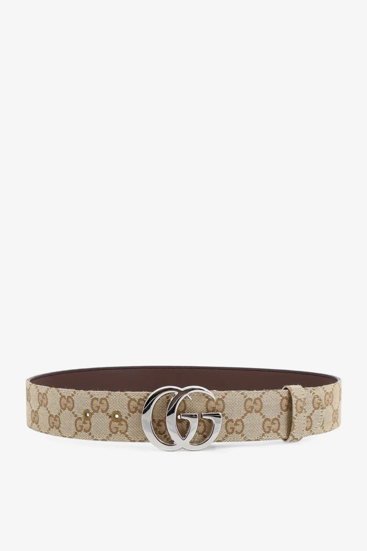 Beige and brown Gucci men’s GG fabric belt with silver-toned double G buckle in GG supreme canvas design