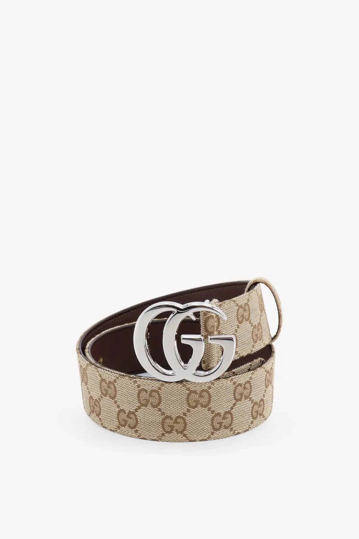 Gucci men’s beige and brown gg fabric belt in supreme canvas with a silver-toned double g buckle