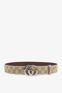 Gucci men’s beige and brown GG supreme fabric belt with silver-toned double G buckle