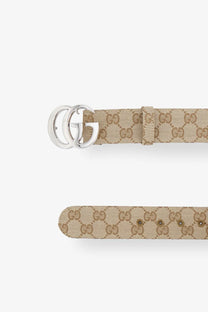 Beige gucci men’s gg fabric belt with interlocking gg logo pattern and silver-toned double g buckle