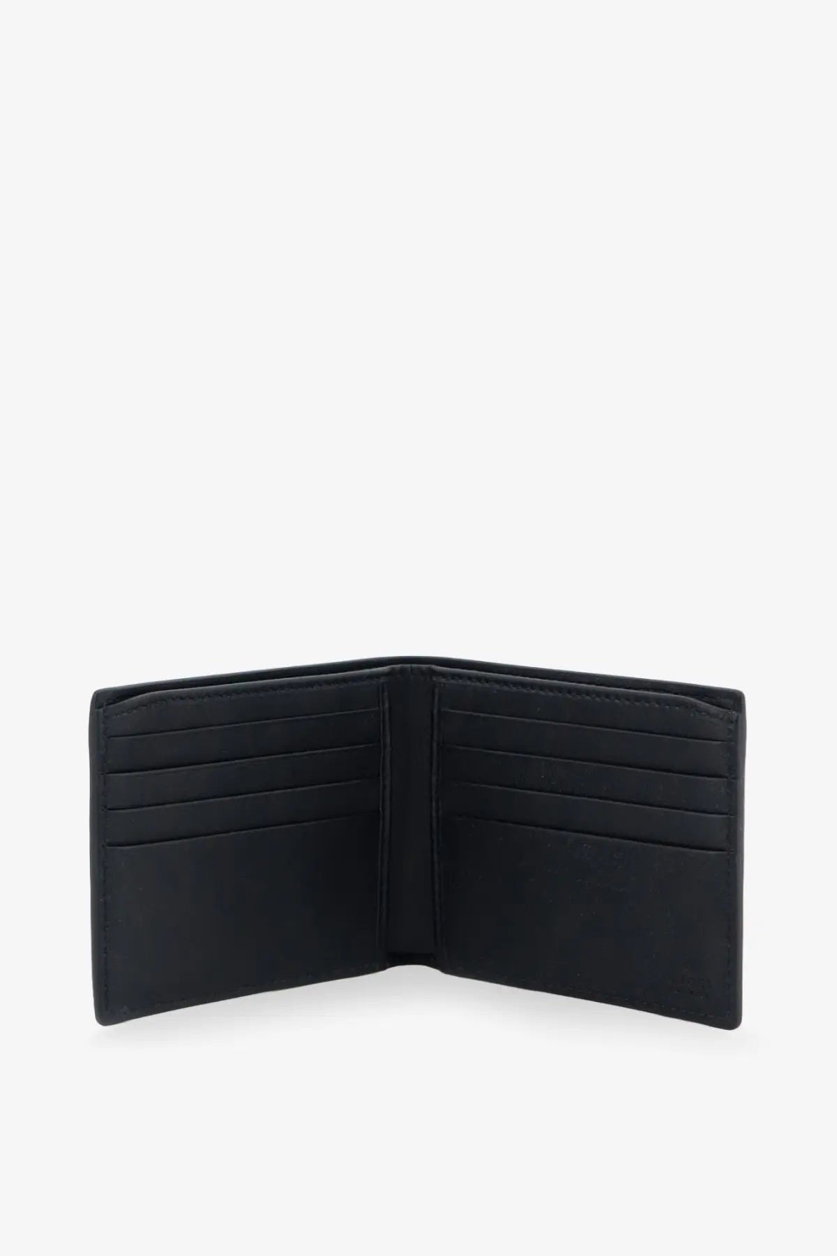 Black leather Gucci men’s GG Marmont bi fold wallet with multiple card slots and minimalist design