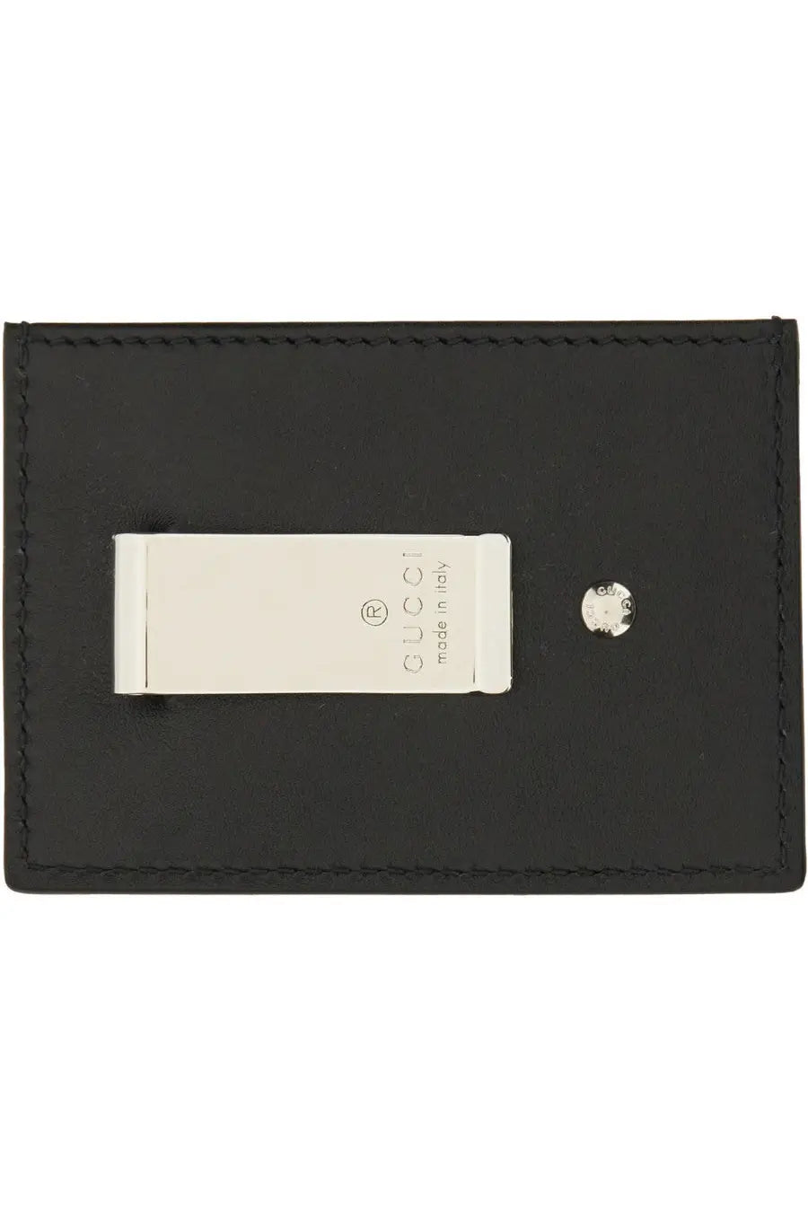 Black leather gucci men’s gg marmont card holder with silver toned metal money clip and circular embellishment