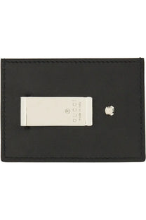 Black leather gucci men’s gg marmont card holder with silver toned metal money clip and circular embellishment