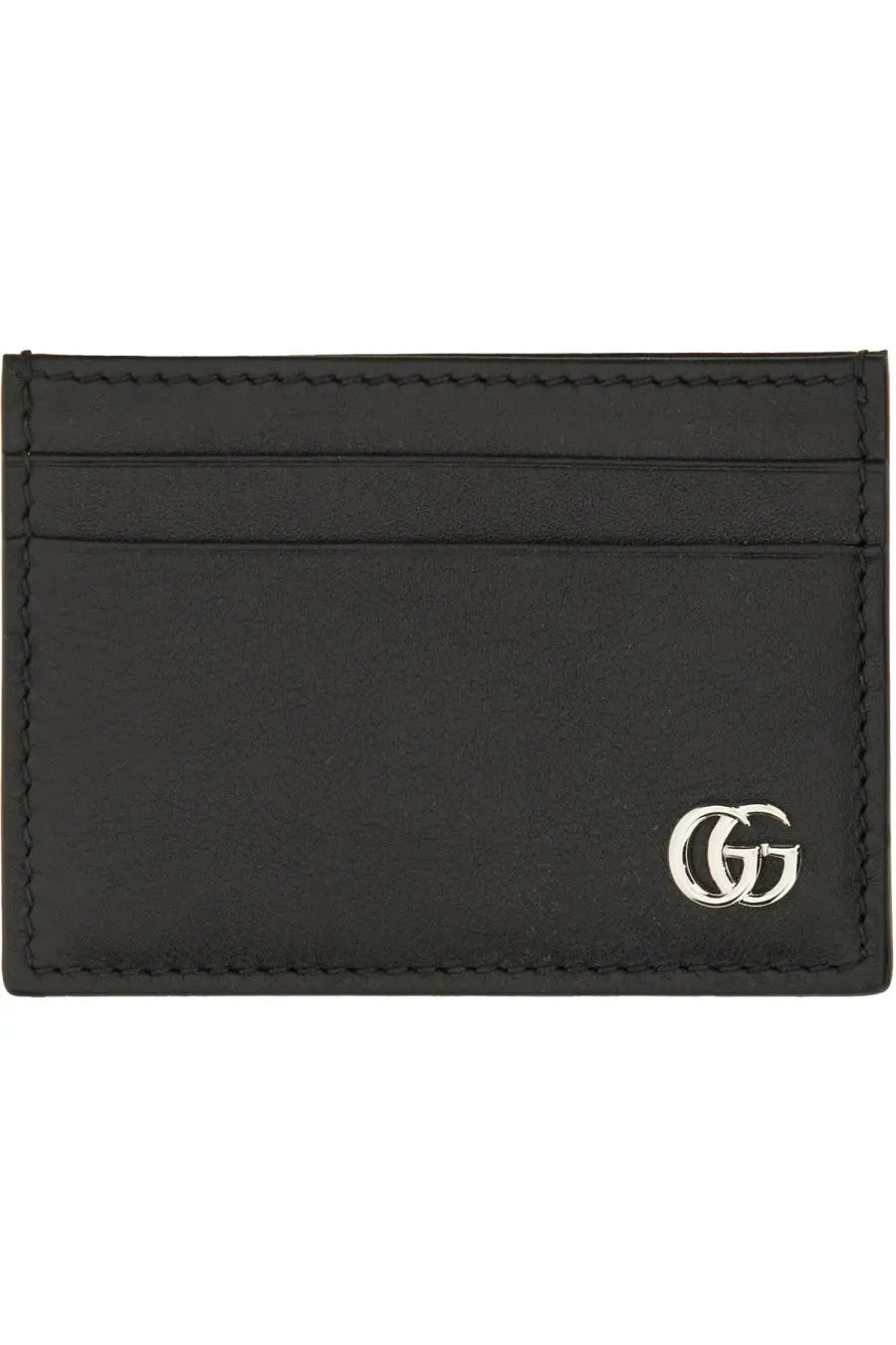 Black leather Gucci men’s GG Marmont card holder with silver-toned interlocking GG logo emblem