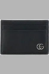Gucci men’s GG Marmont black leather card holder with silver interlocking G logo front view