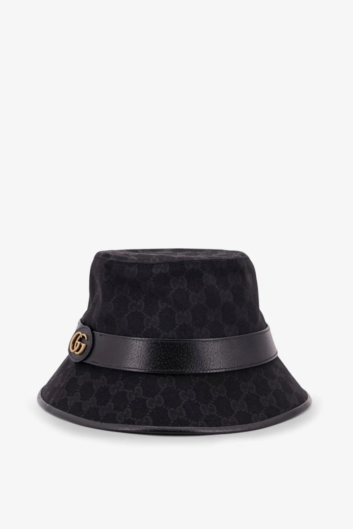 Gucci men’s black bucket hat with repeating gg monogram fabric and leather band featuring the iconic gg logo