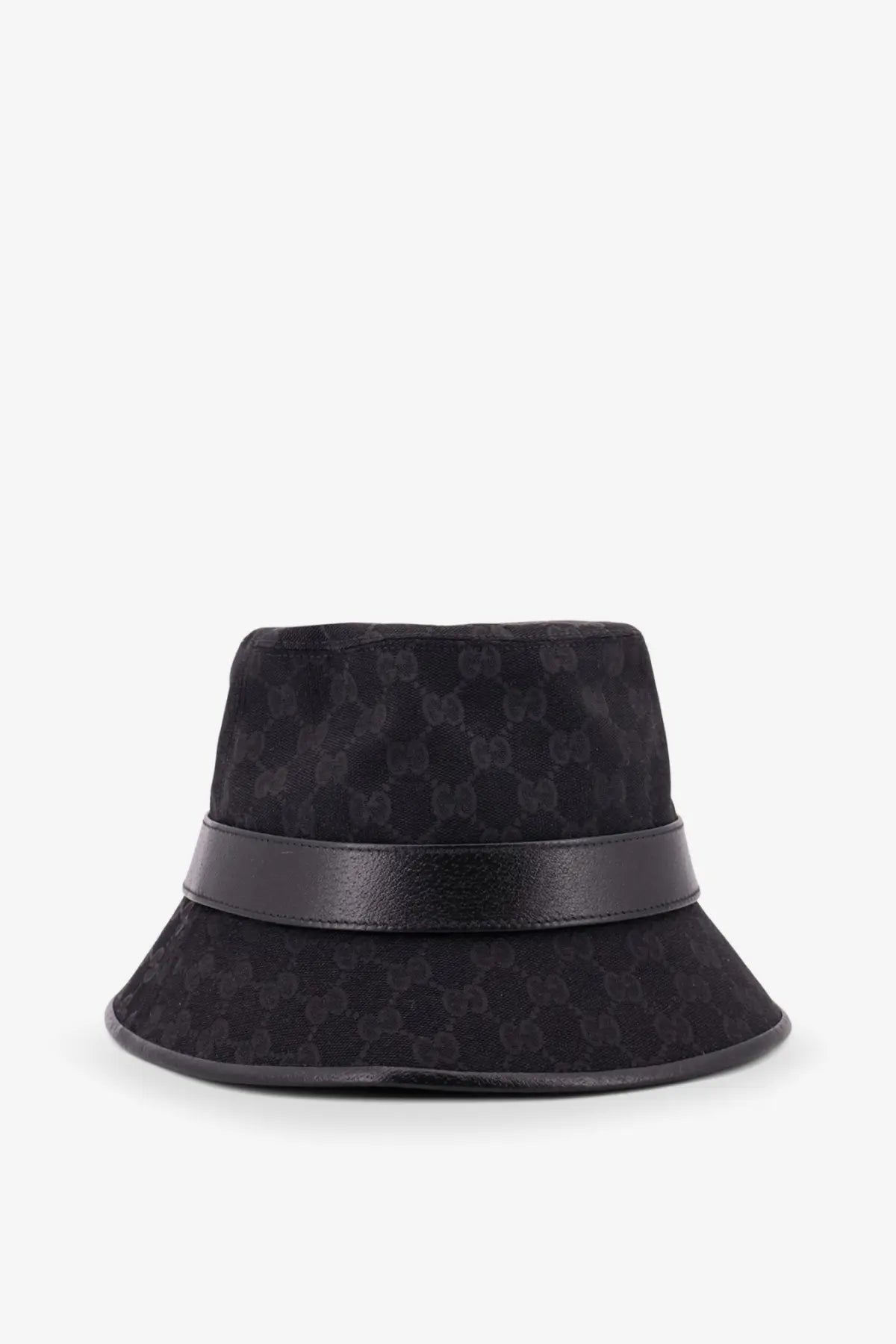 Gucci men’s black bucket hat with subtle monogram pattern and sleek leather band in GG original fabric cloche style