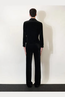 Black velvet long-sleeved top with high collar and gucci men’s gg stretch devoré velvet wide-leg trousers black