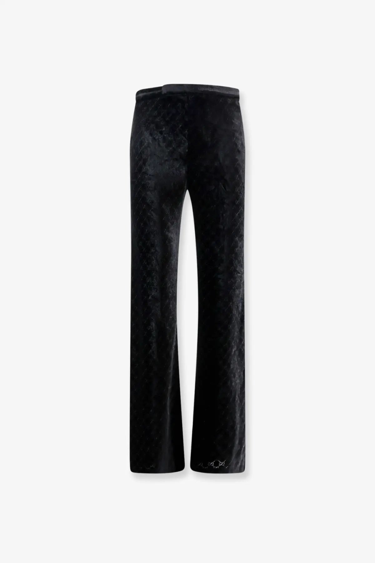 Gucci men’s black GG stretch devoré velvet trousers with subtle textured pattern and sleek straight-leg cut