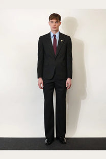 Black tailored Gucci men’s GG wool blend trousers paired with single-breasted jacket and burgundy tie