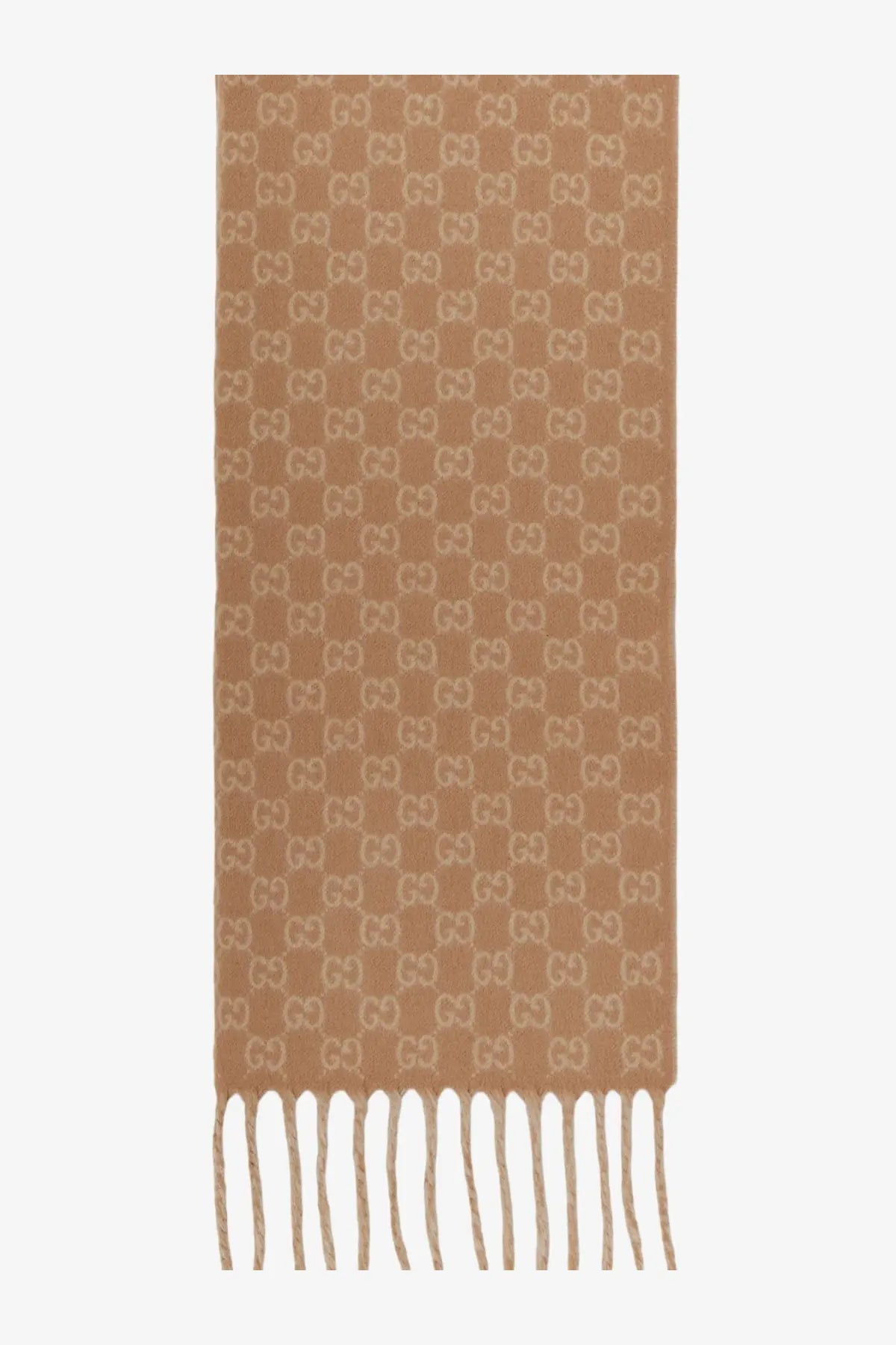 Tan gucci men’s wool and cashmere scarf in beige with repeating interlocking gg logo pattern and fringe ends