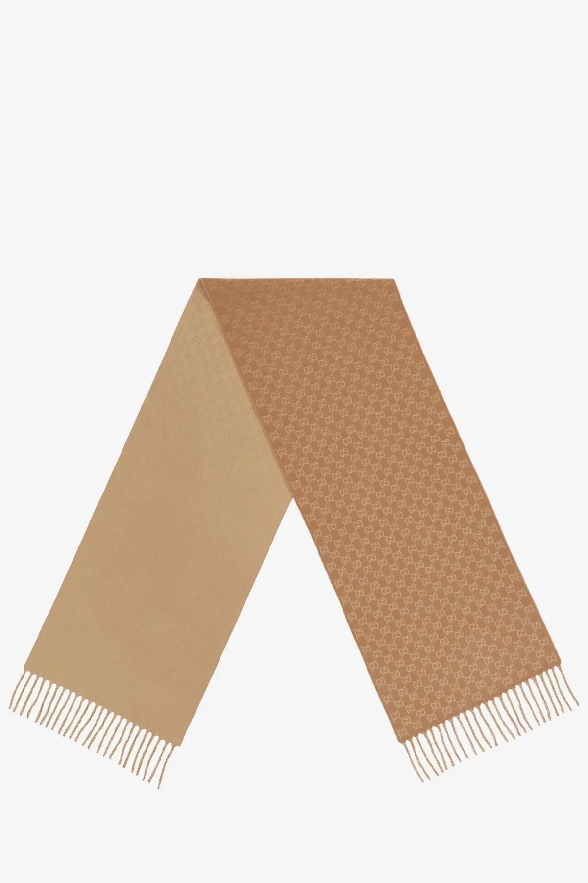 Gucci men’s beige wool and cashmere scarf with tan monogram pattern and fringed ends
