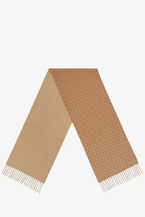Gucci men’s beige wool and cashmere scarf with tan monogram pattern and fringed ends