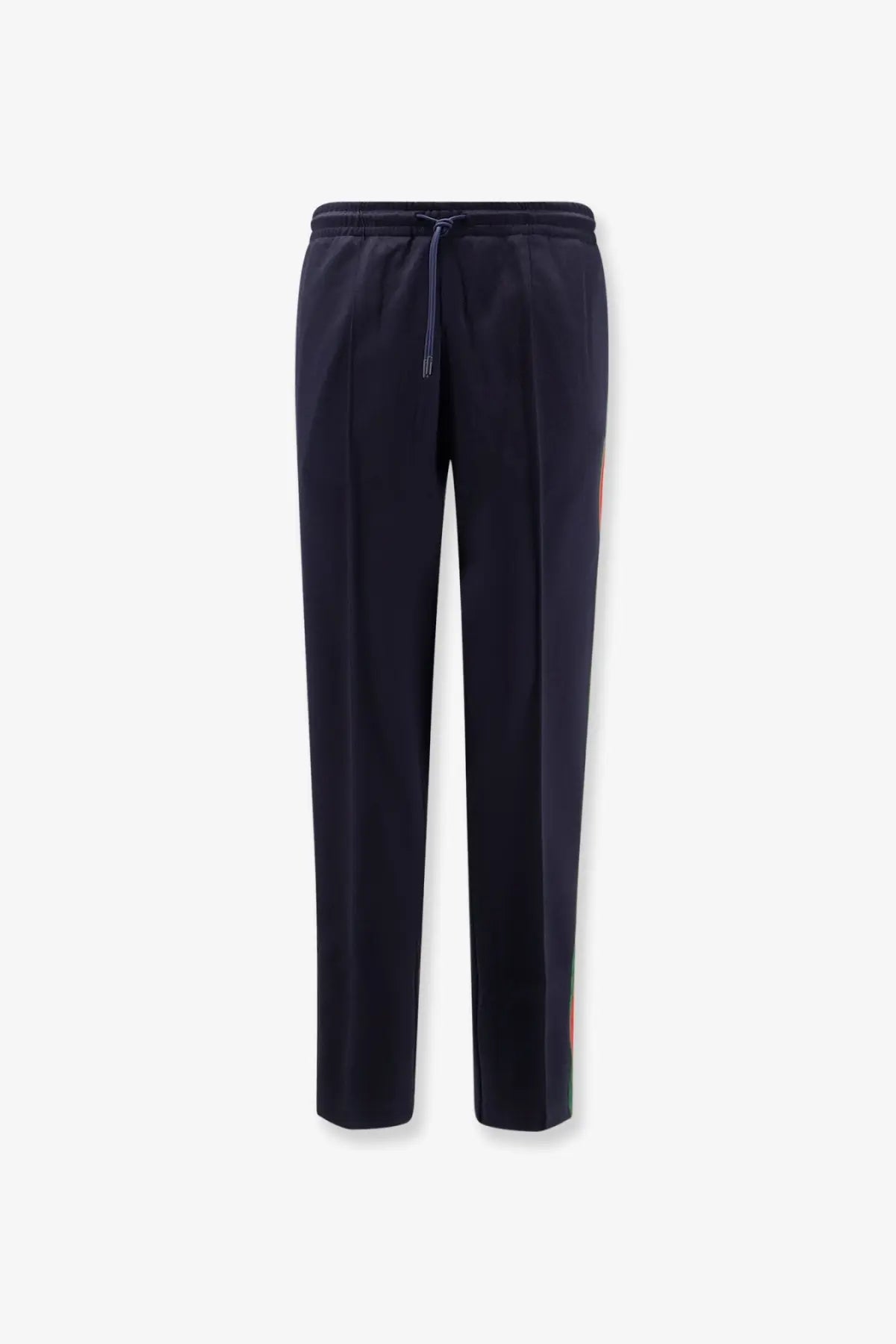 Gucci men’s jersey trouser blue dark navy track pants with drawstring waistband and multicolored vertical stripes