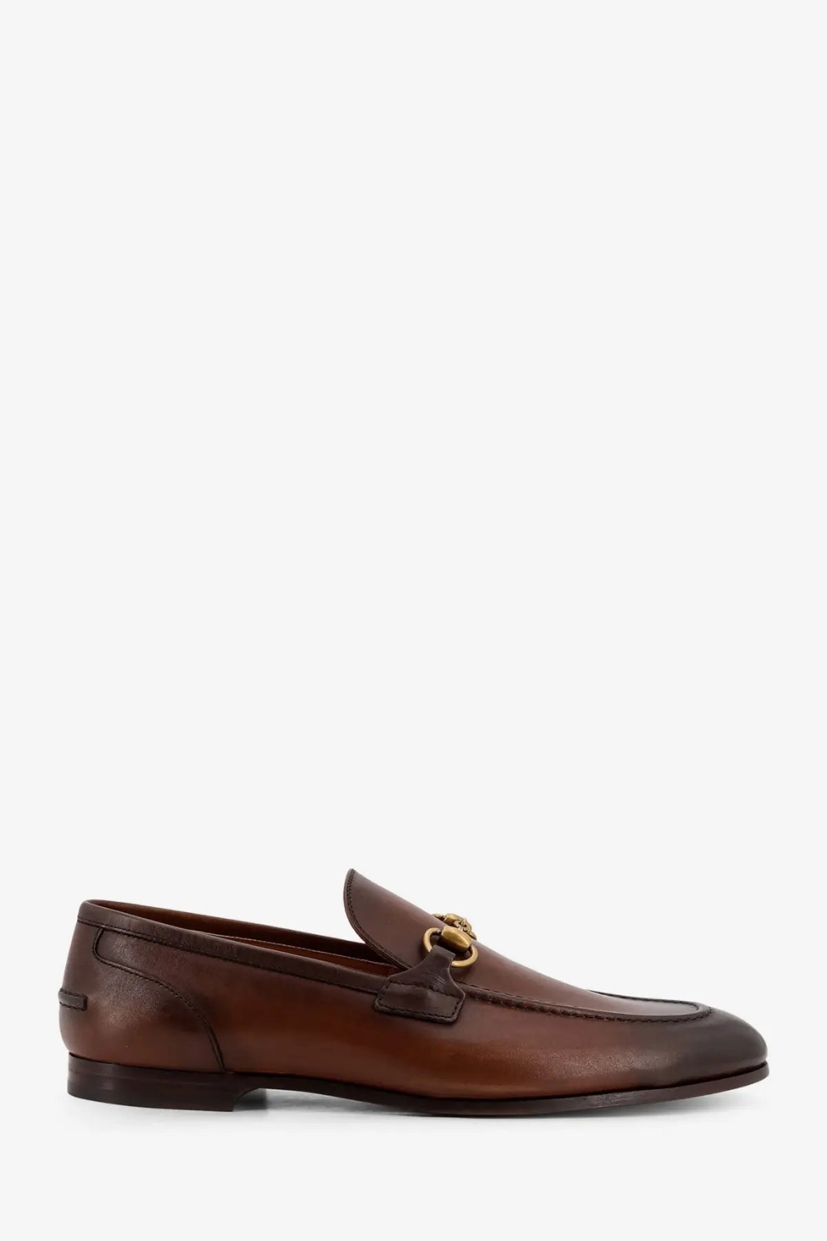 Gucci men’s Jordaan brown leather loafers with gold-tone horsebit buckle for stylish casual wear