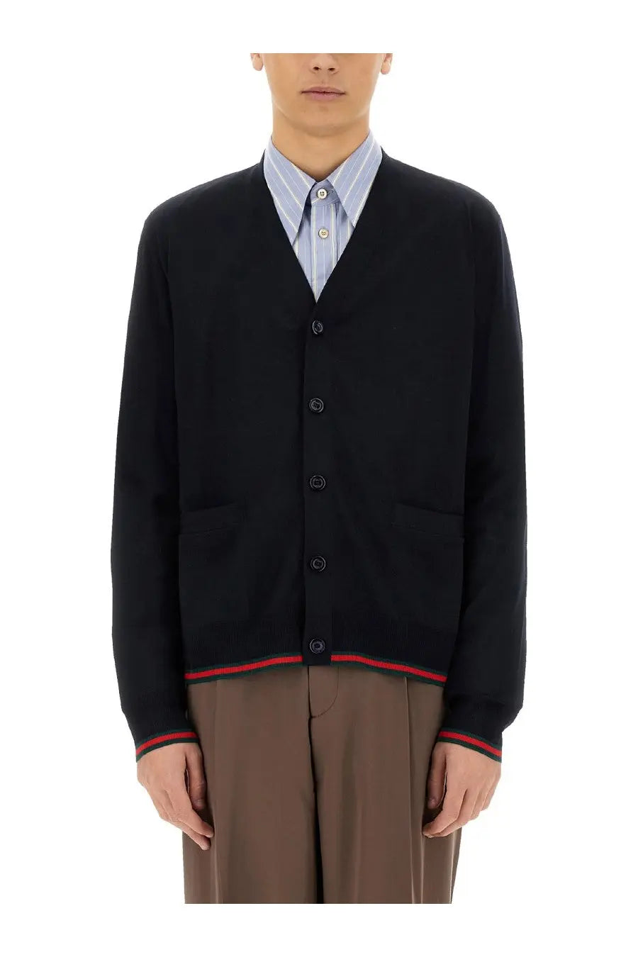 Black gucci men’s knitted wool cardigan with red and green striped trim on cuffs hem and button placket