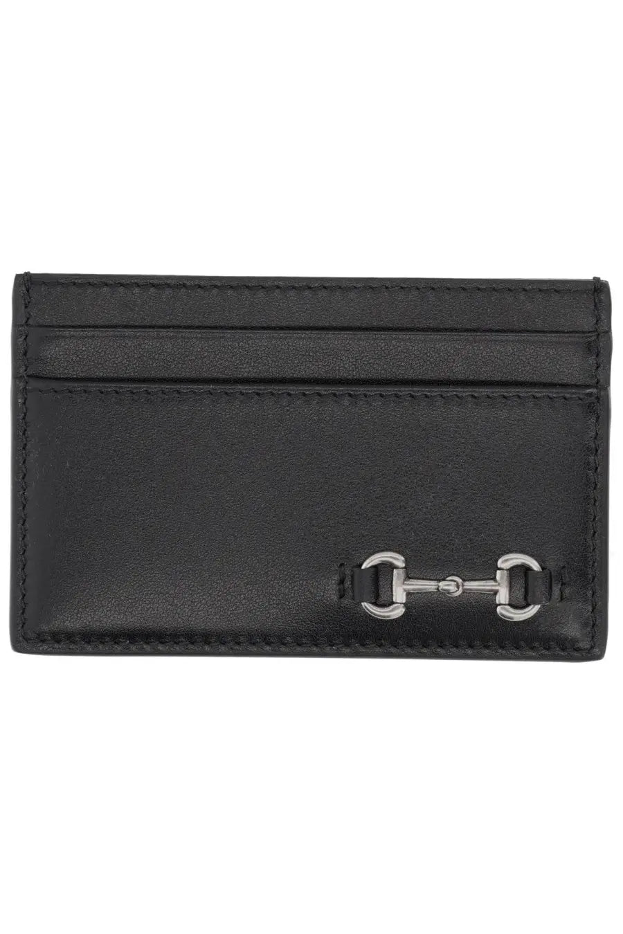 Gucci men’s black leather card holder with silver horsebit clasp front view