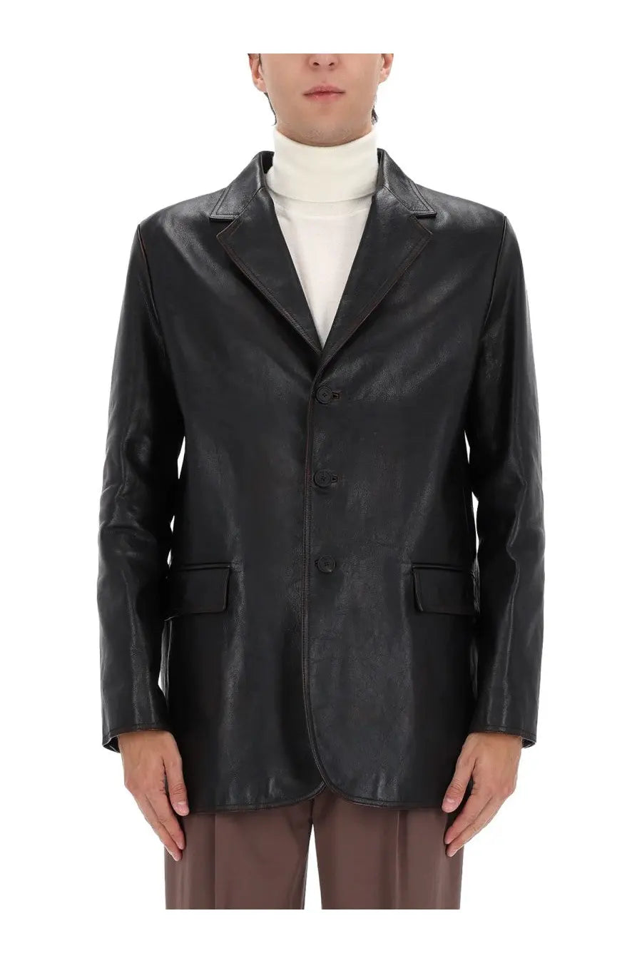 Gucci men’s black leather blazer with sleek minimalist design and three-button front closure