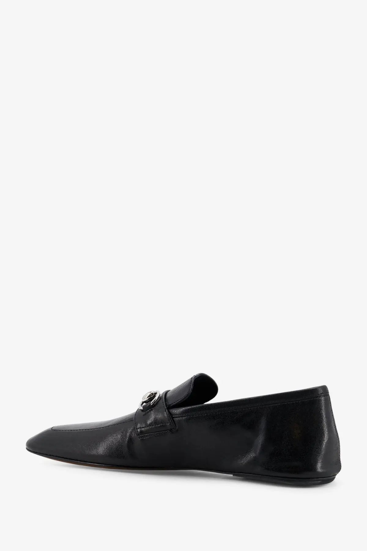 Gucci men’s black leather Ragazzo loafers with silver-toned metal buckle detail on the front side