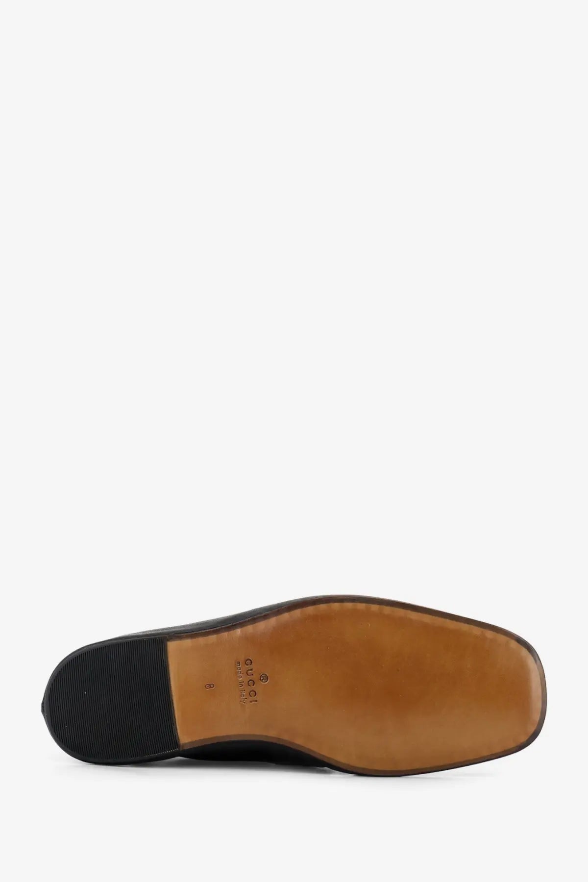 Gucci men’s leather ragazzo loafers black with tan rubber sole and square toe in black leather