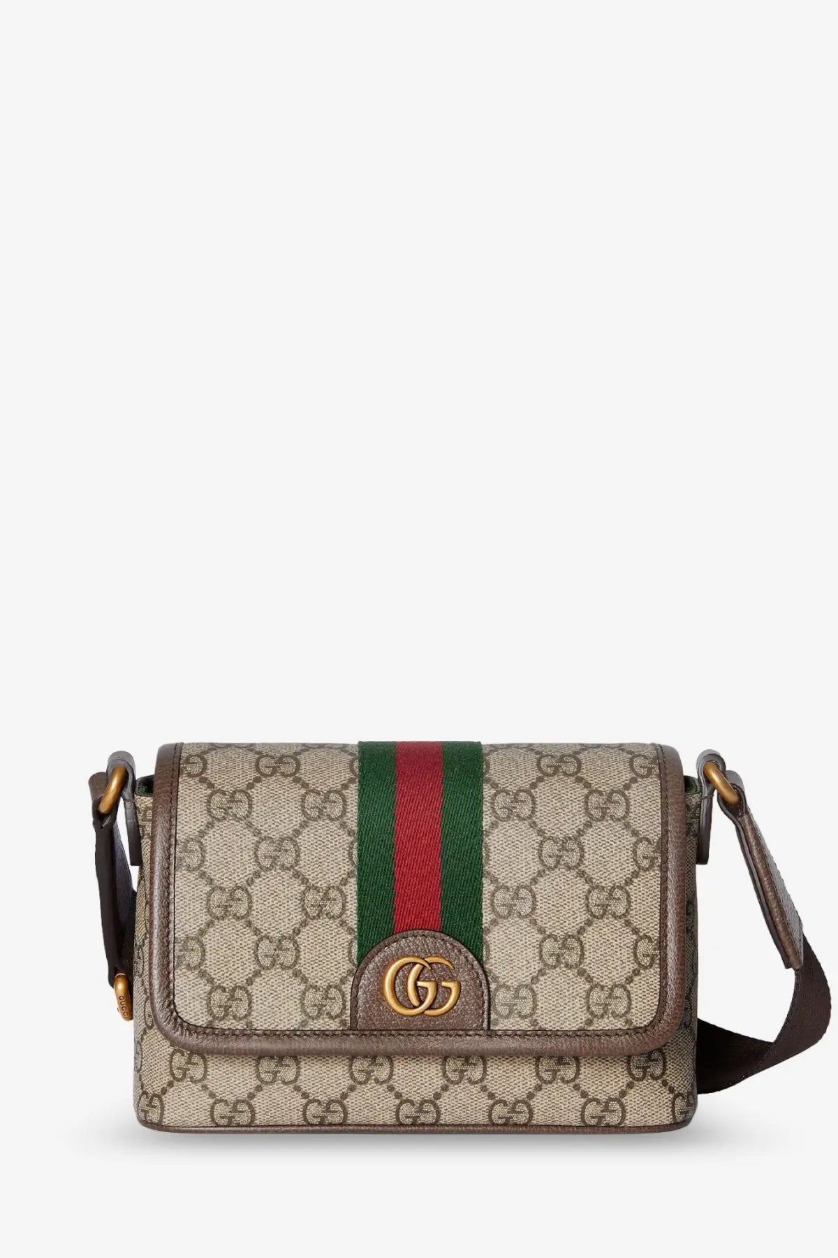 Gucci men’s mini Ophidia GG fabric crossbody bag in beige and brown canvas with red green web stripe and gold hardware
