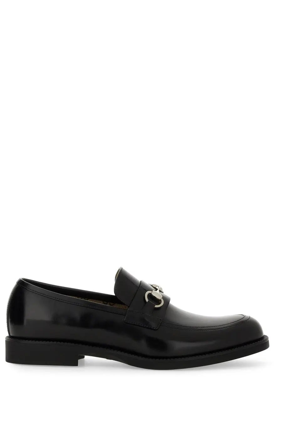 Gucci men’s black patent leather loafer with silver horsebit buckle for formal and casual wear