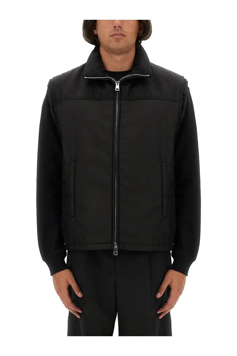 Gucci men’s black nylon GG puffer vest with high collar and zipper