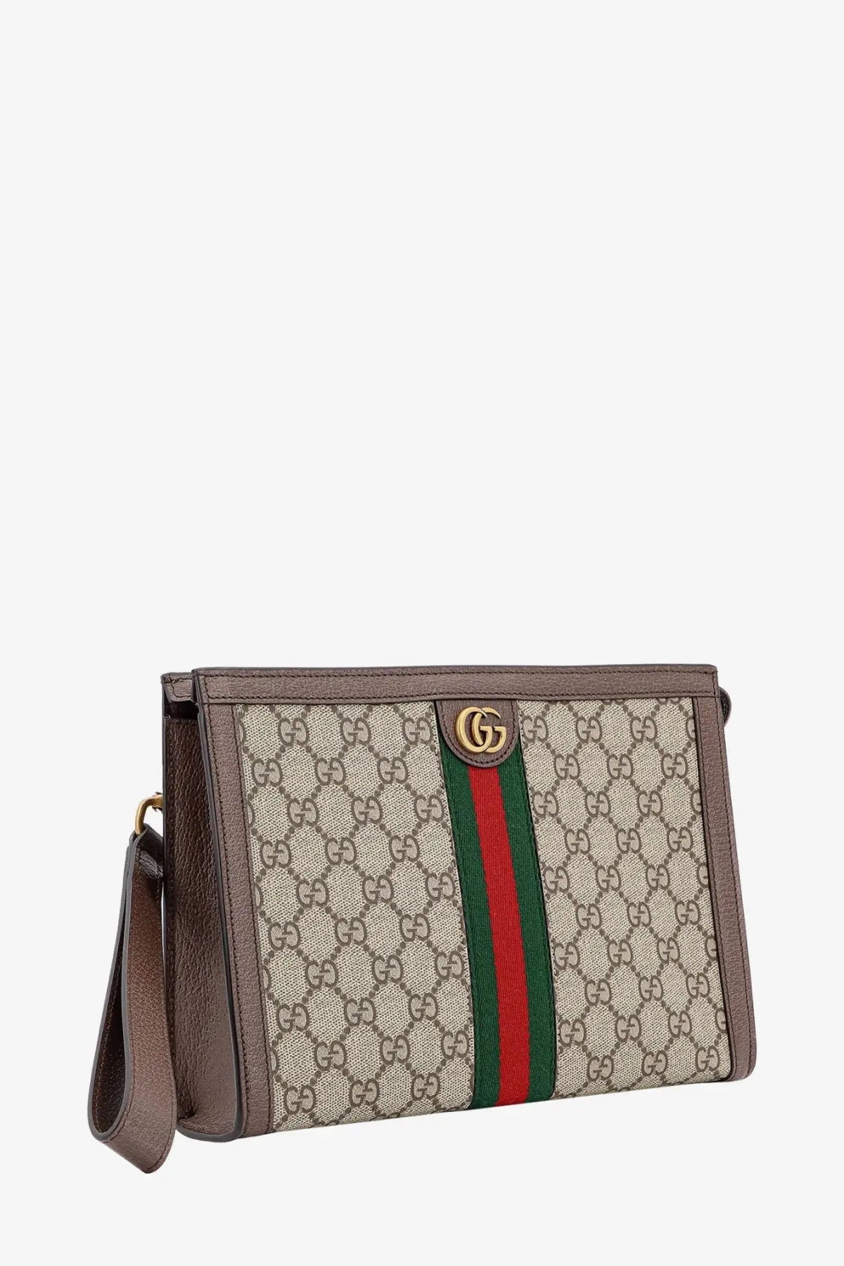 Brown leather trimmed gucci men’s ophidia gg fabric clutch in beige with gg supreme canvas and red green webbing strap
