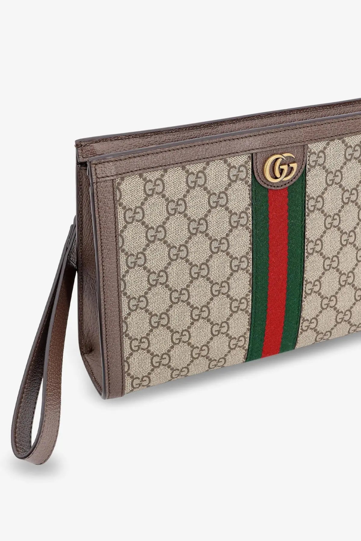 Gucci men’s Ophidia beige clutch in gg supreme canvas with brown leather trim and red green striped band