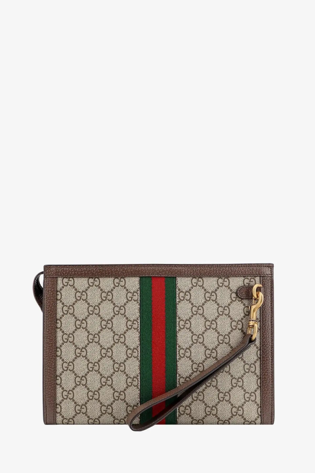 Beige and brown gucci ophidia gg fabric clutch with red green stripe gold hardware and leather wrist strap