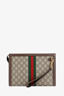 Beige and brown gucci ophidia gg fabric clutch with red green stripe gold hardware and leather wrist strap