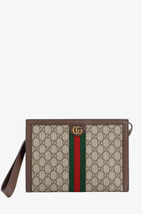 Beige and brown Gucci men’s Ophidia GG fabric clutch with red and green stripe and gold-tone interlocking G logo