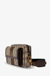 Beige and brown Gucci men’s Ophidia GG fabric crossbody bag with green and red stripe detailing and camera bag style