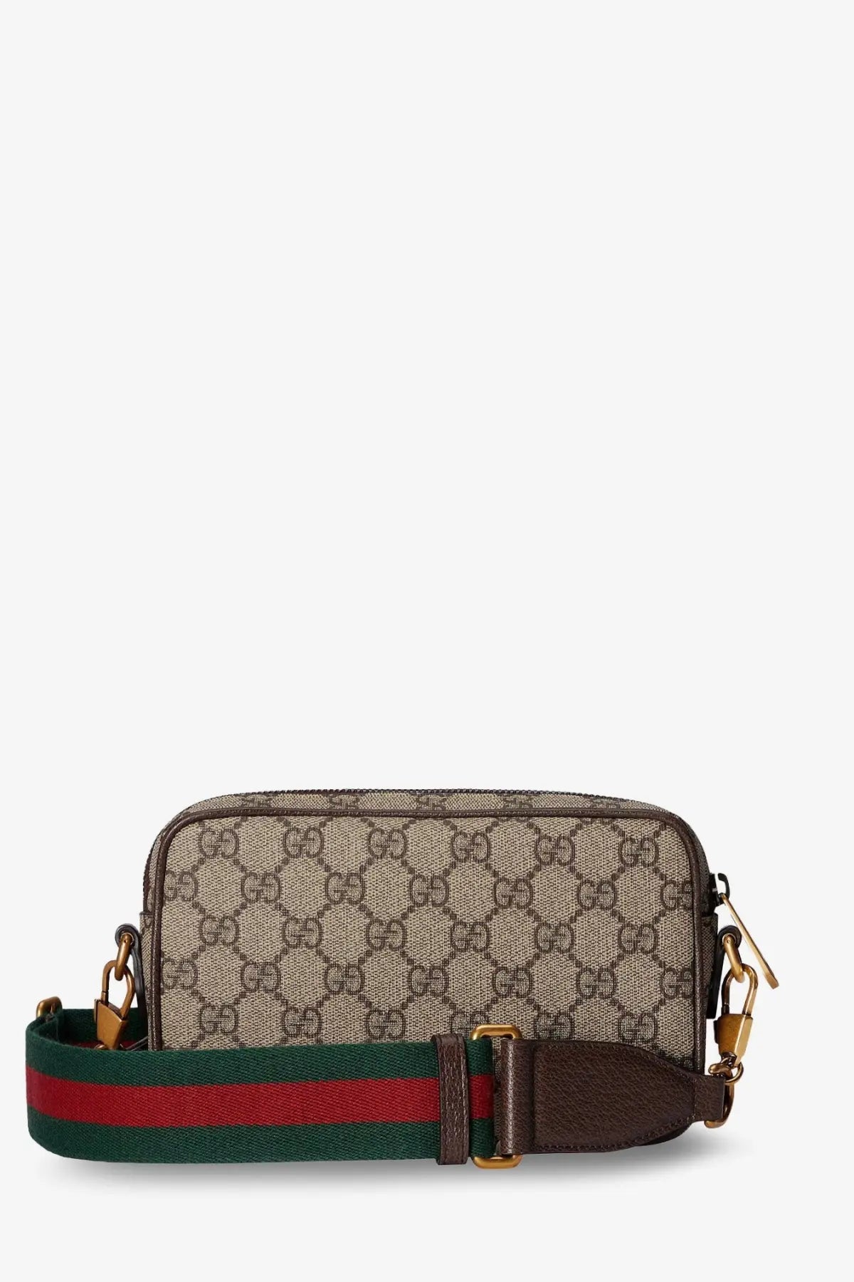 Beige and brown gucci men’s ophidia gg fabric crossbody bag with green and red striped canvas strap