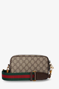 Beige and brown gucci men’s ophidia gg fabric crossbody bag with green and red striped canvas strap