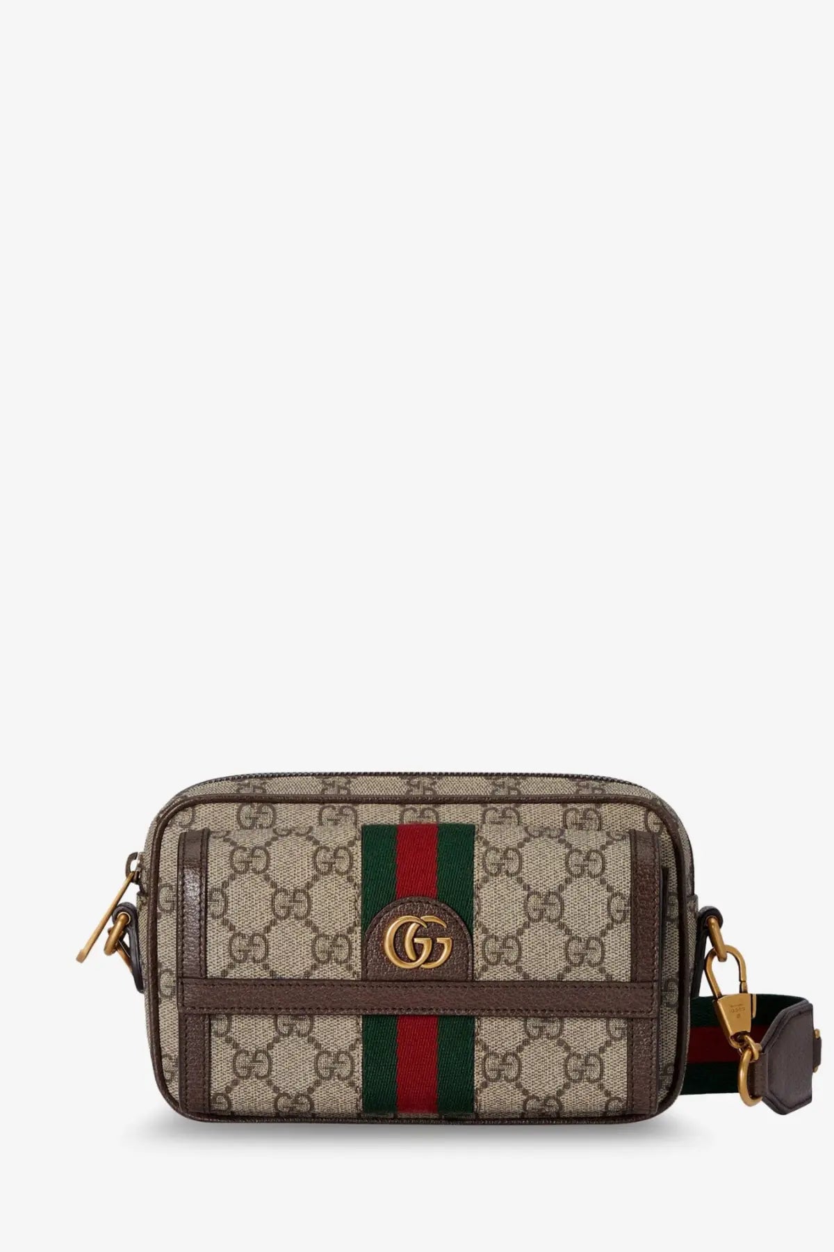Beige and brown gucci gg supreme canvas crossbody bag with green and red webbing stripe and gold-tone hardware