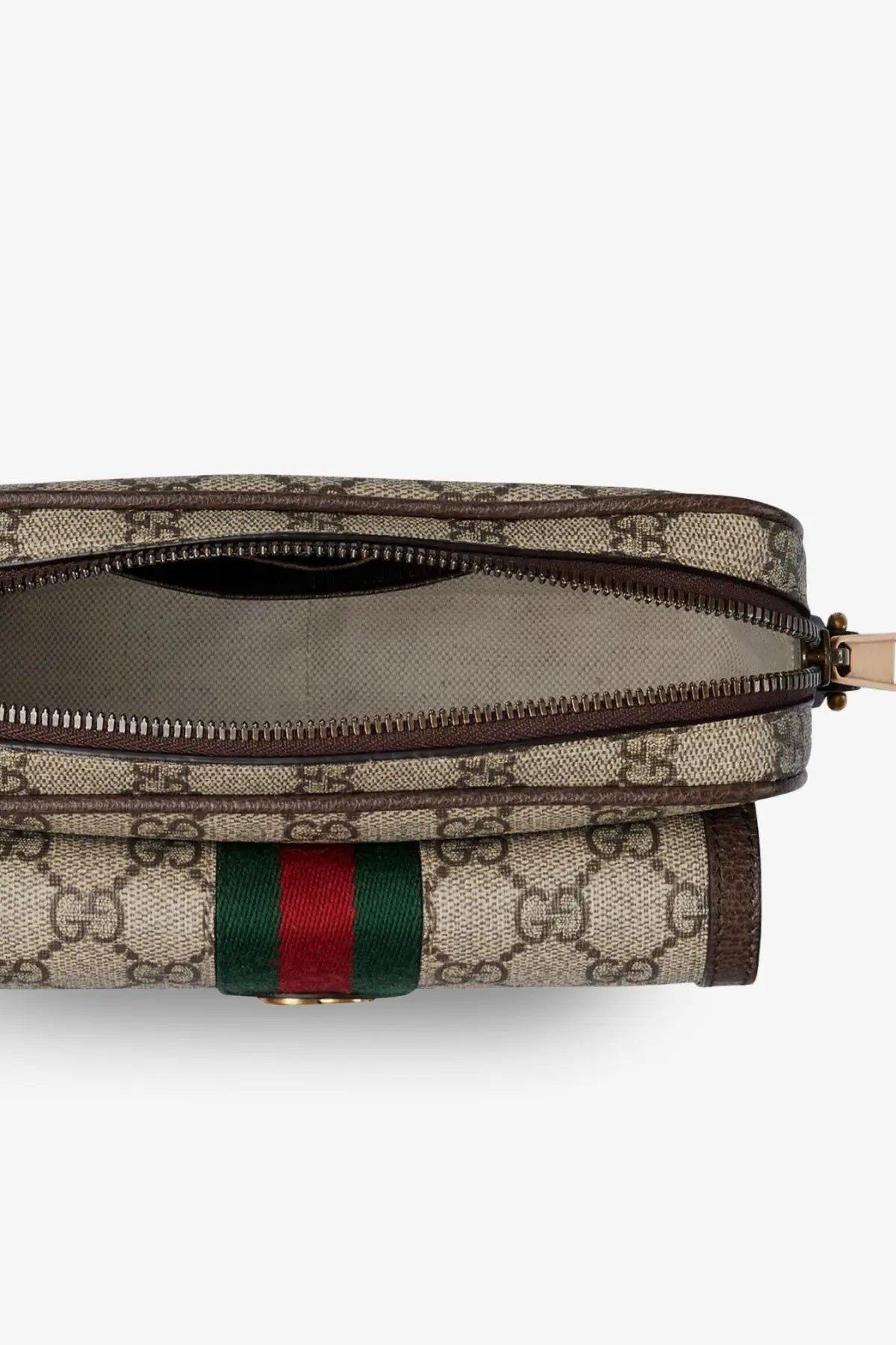 Beige and brown gucci gg supreme canvas crossbody bag with red and green webbing strap for men