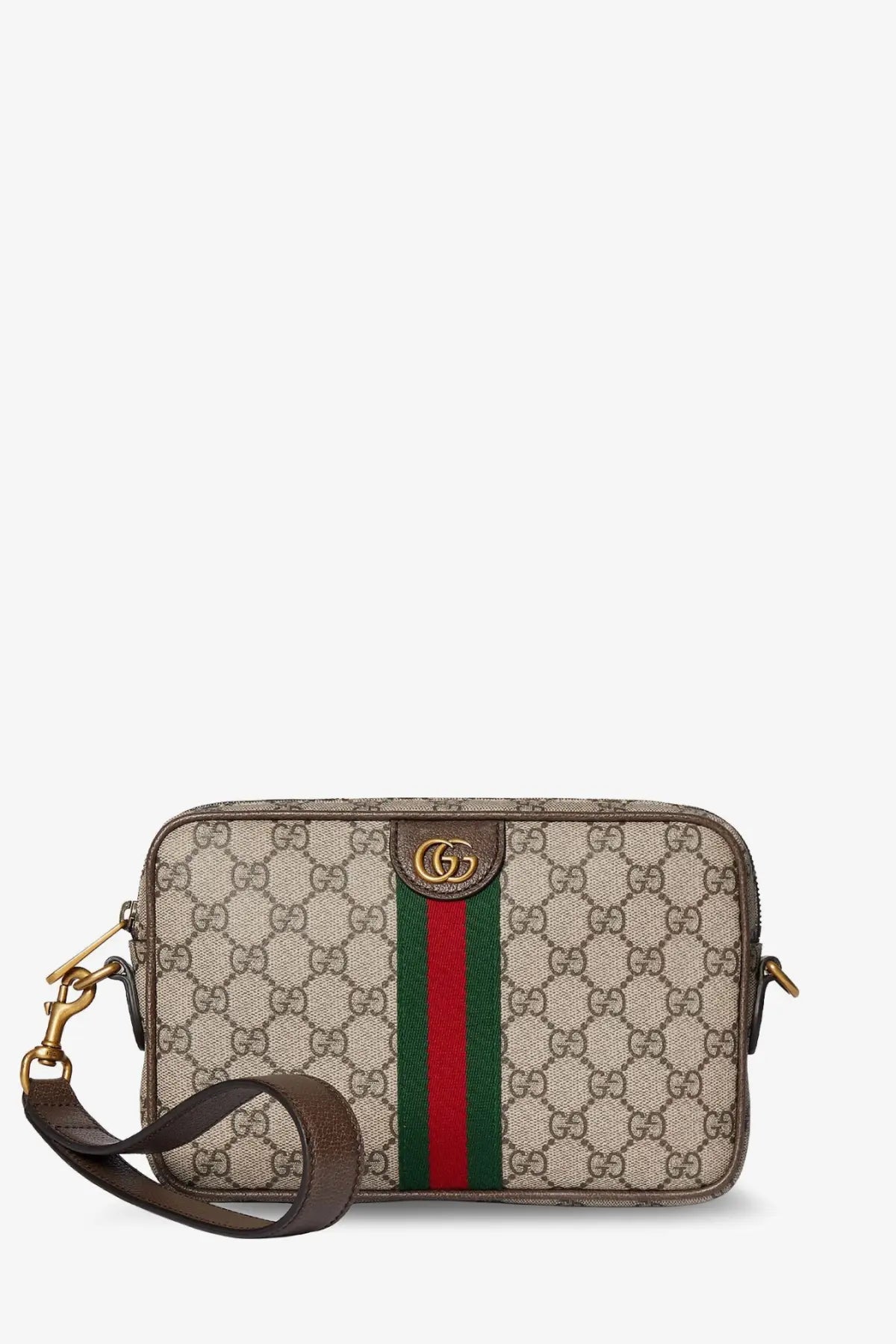 Beige and brown gucci gg supreme canvas crossbody bag with red and green striped webbing and gold-tone hardware