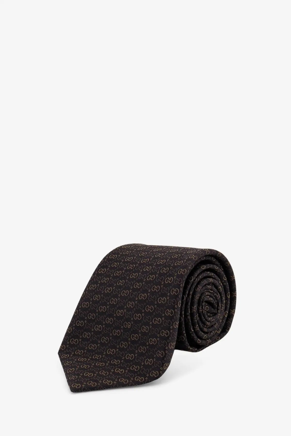 Black Gucci men’s oxy silk tie with subtle interlocking GG logo pattern ideal for formal wear