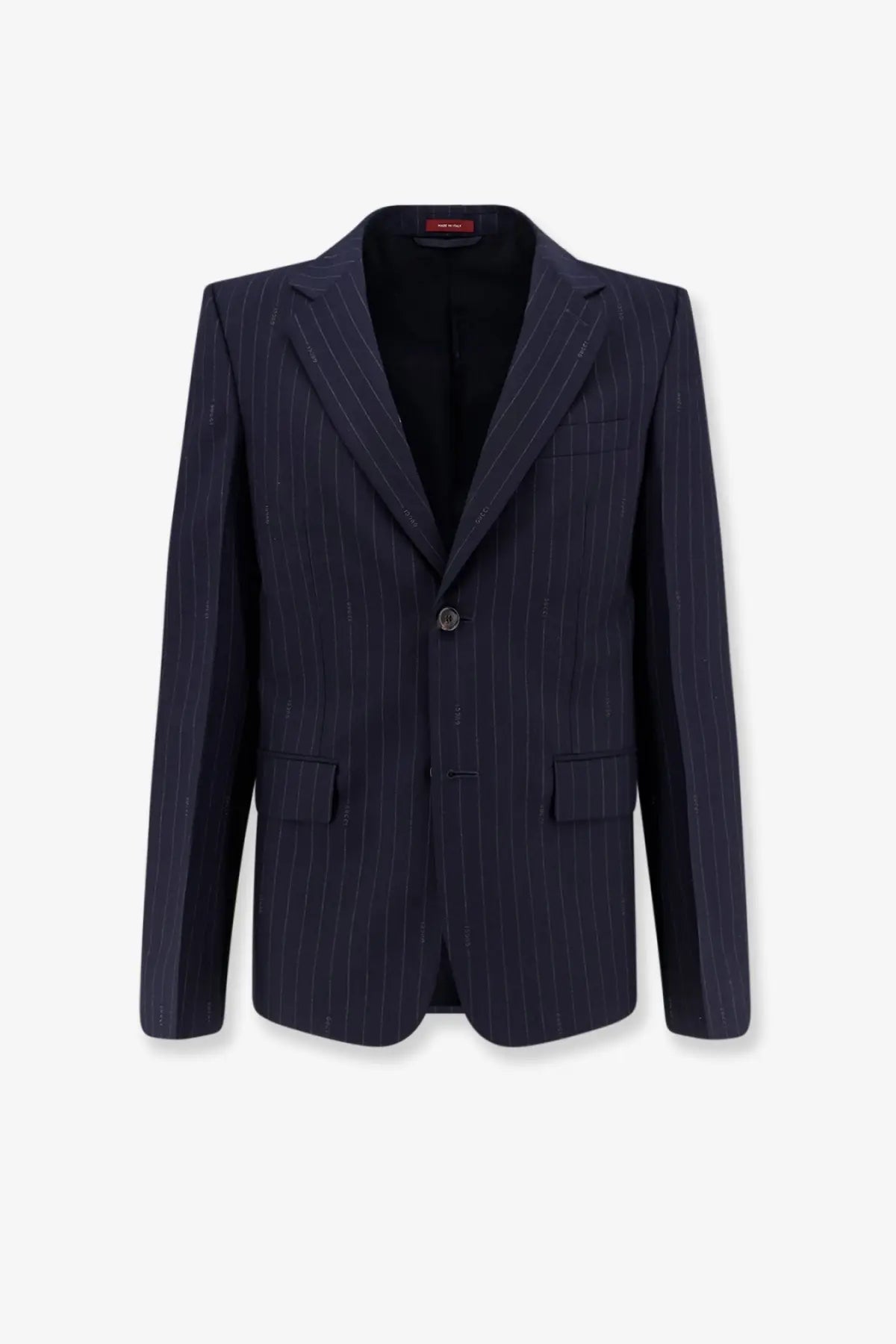 Gucci men’s navy blue pinstripe wool single breasted blazer with single button closure and two flap pockets