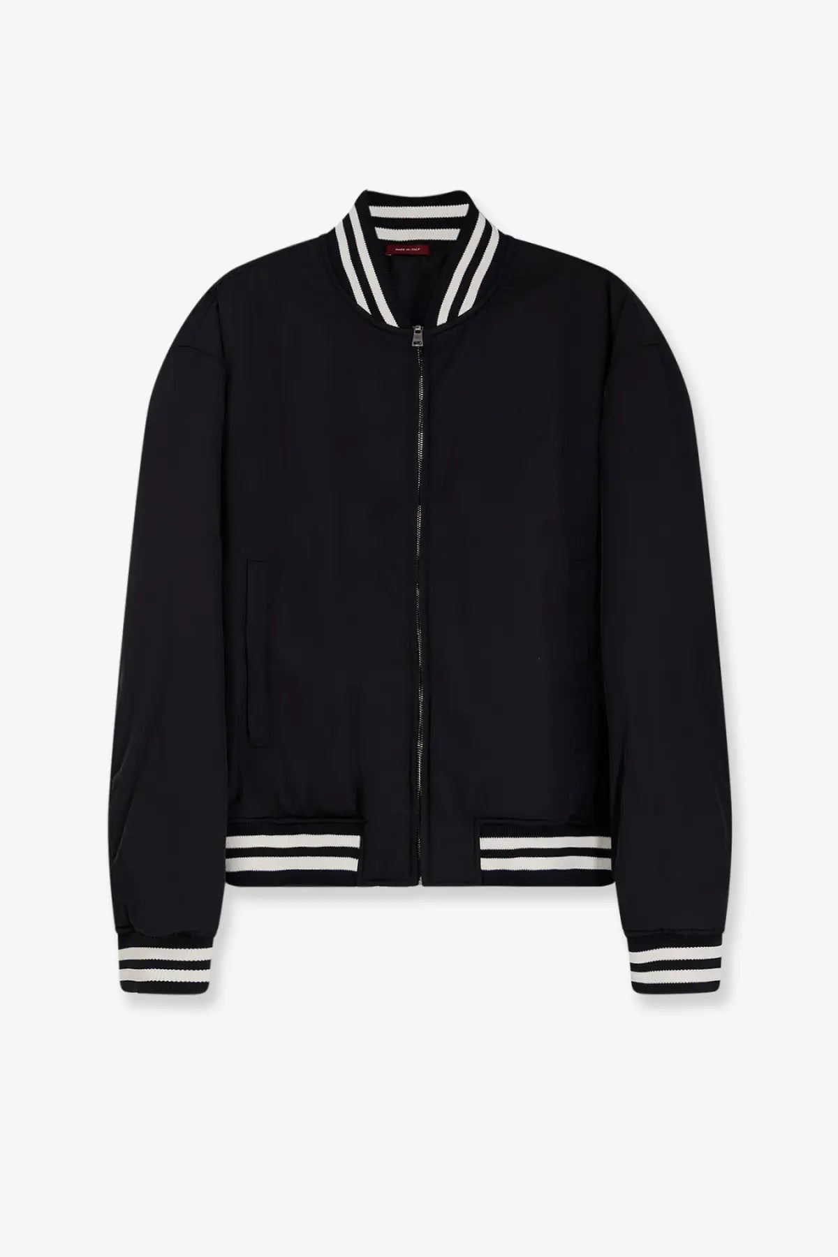 Gucci men’s reversible bomber jacket in black with white striped collar cuffs and hem made from premium material