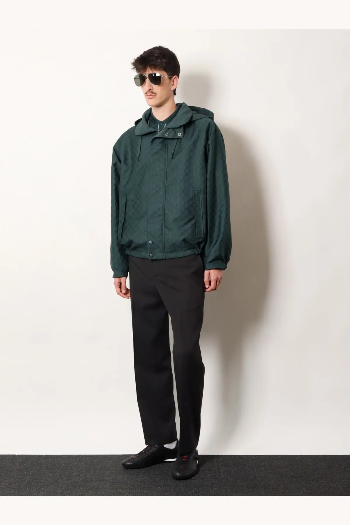 Gucci men’s reversible ripstop cotton jacket in dark green with hood subtle textured fabric and front zipper closure