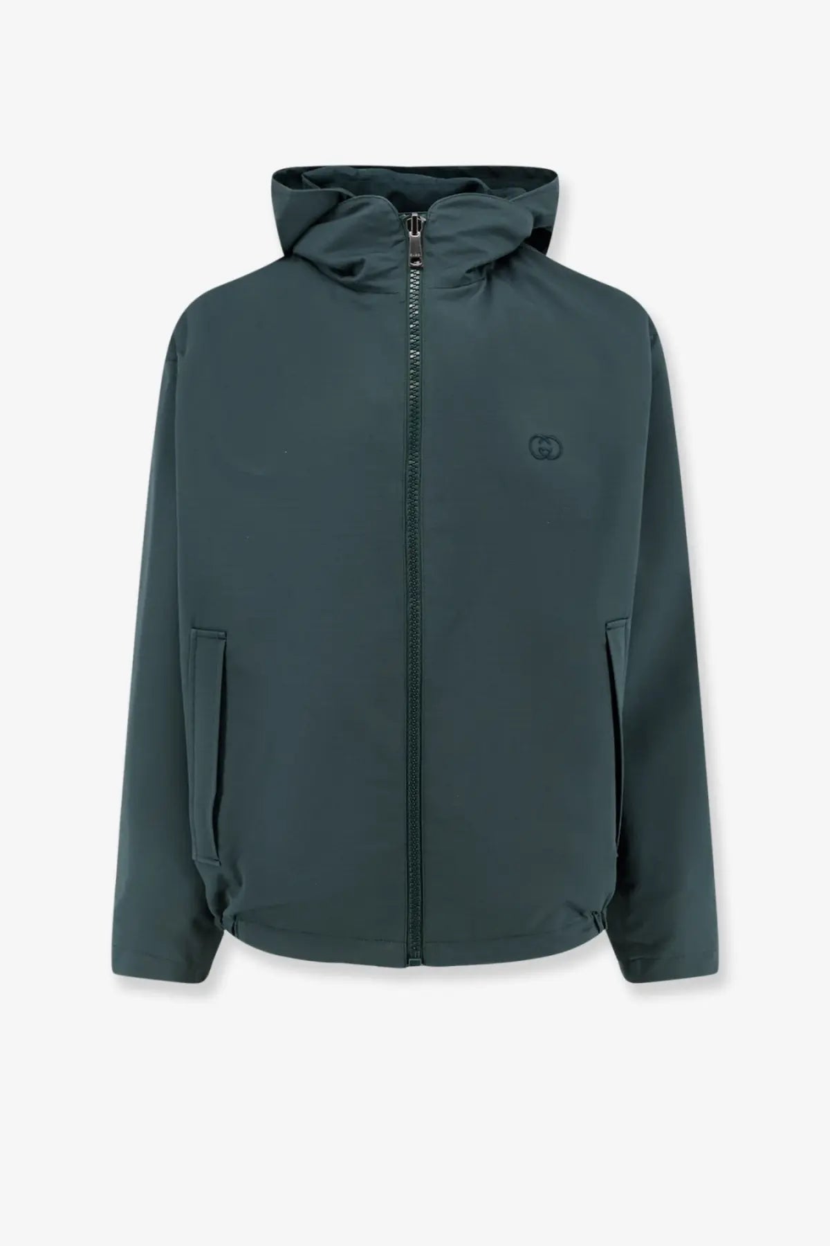 Gucci men’s reversible ripstop cotton jacket in dark green with a hood full-length zipper and subtle chest logo