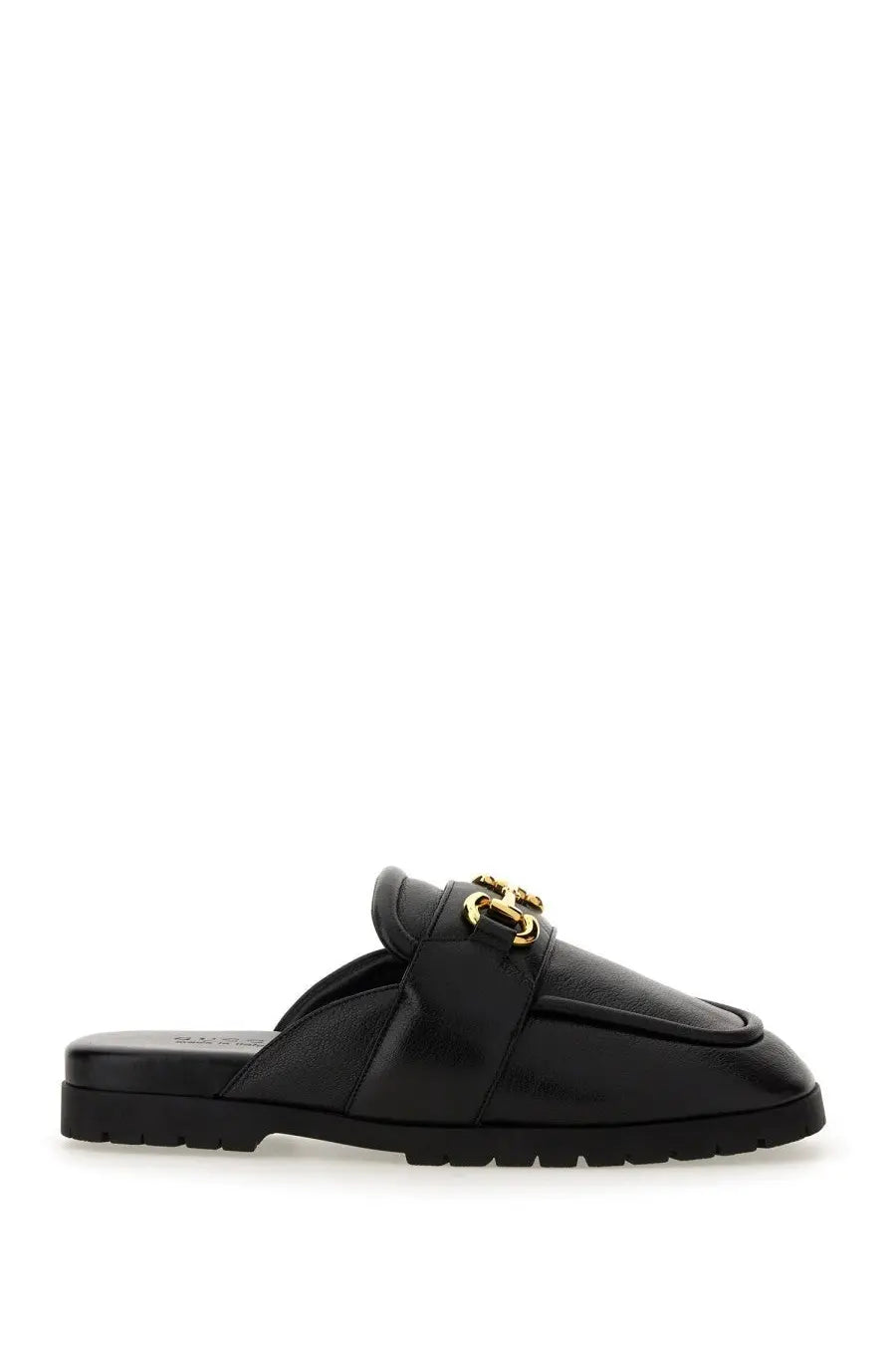 Gucci men’s sabot black leather mule slip-on shoe with gold-tone chain-link buckle front view