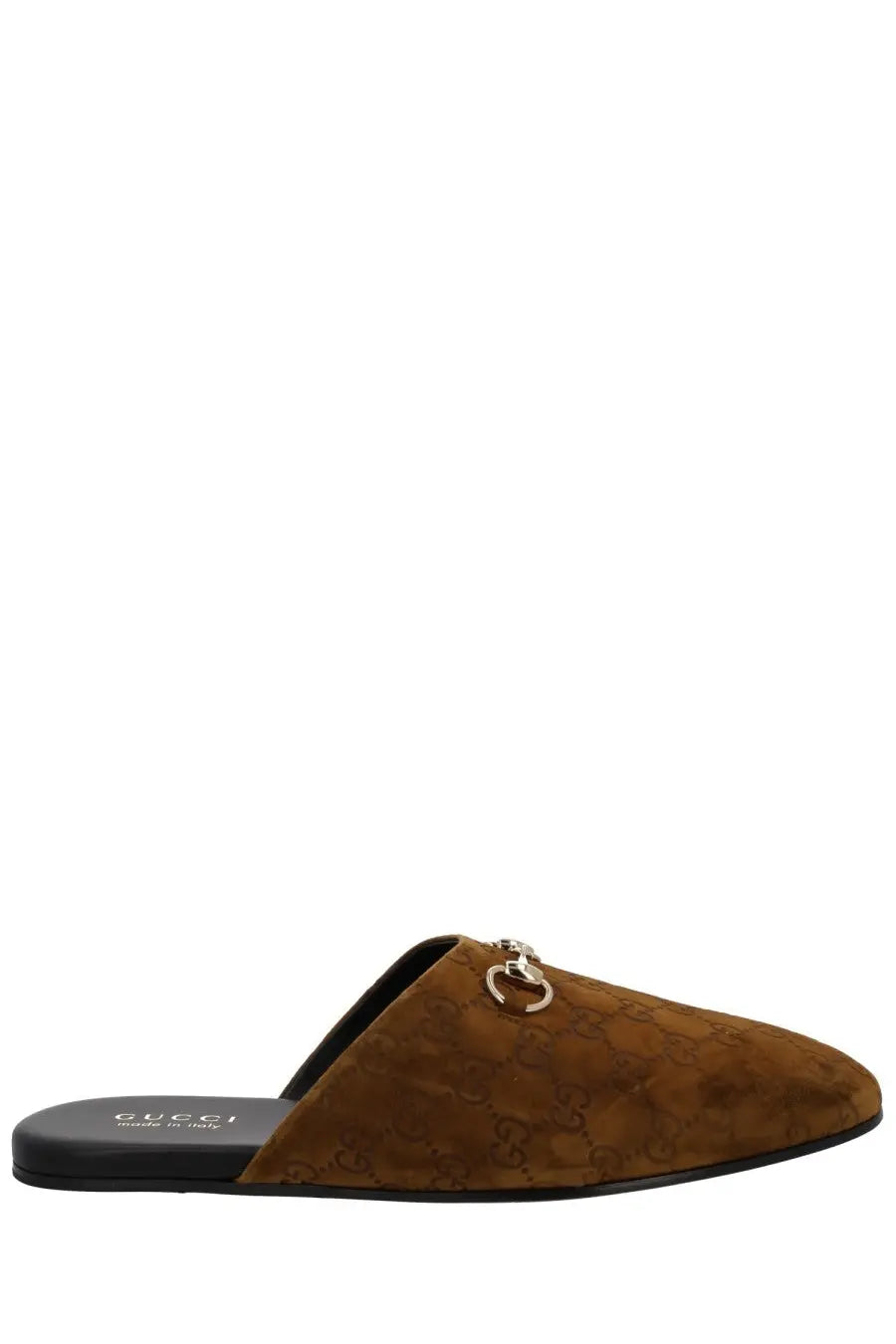 Gucci men’s sabot brown suede slip-on mule with metallic horsebit detail for casual wear