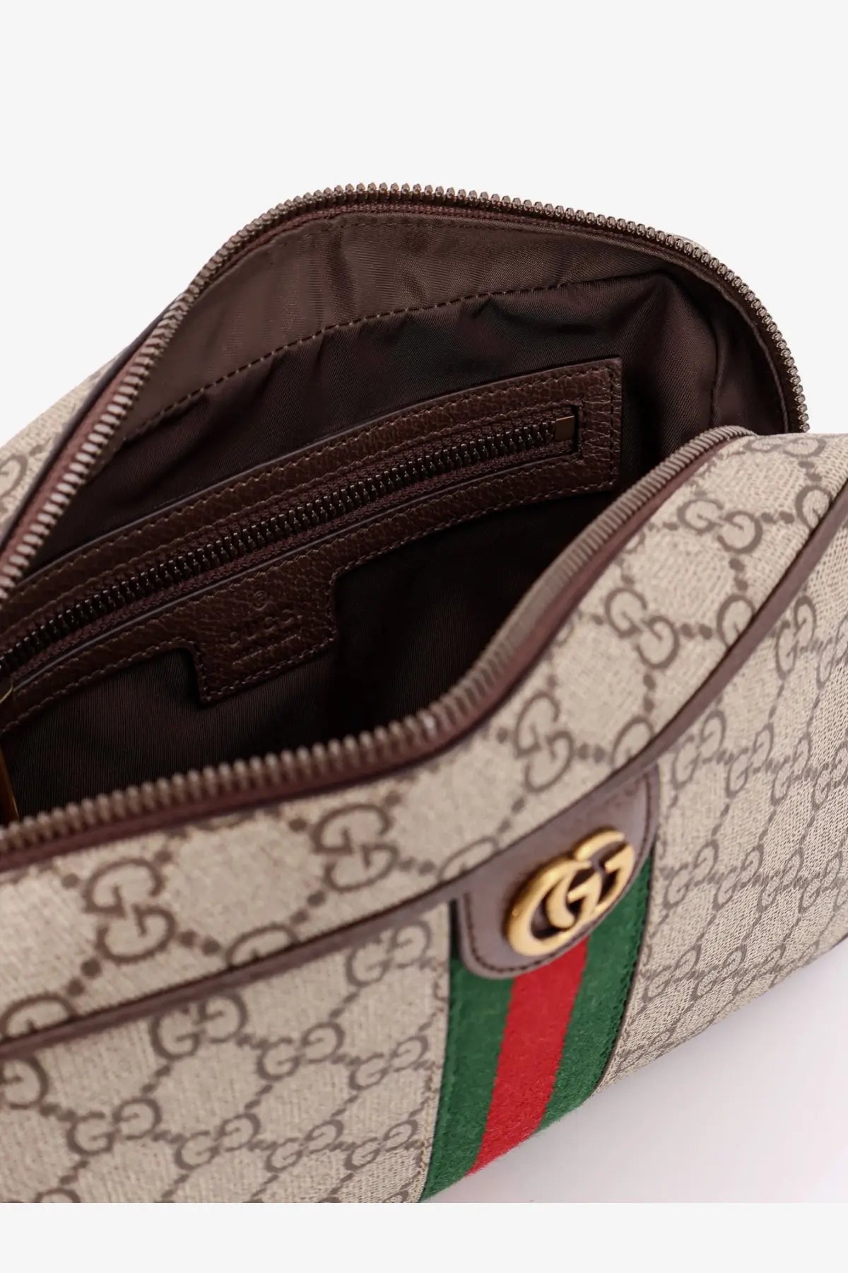 Beige gucci men’s savoy gg fabric clutch with brown leather trim, signature gg monogram, gold double g logo, and red-green webbing